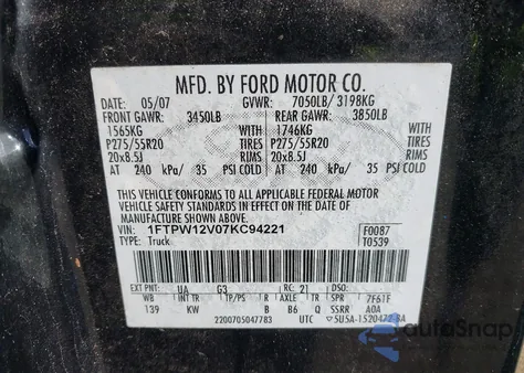 2007 Ford F-150 Lariat/Xlt из США, поврежденный, VIN 1FTPW12V07KC94221